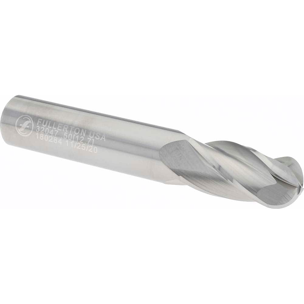 Ball End Mill: 0.5″ Dia, 1″ LOC, 4 Flute 3″ OAL, 1/2″ Shank Dia, Uncoated, Series 3200