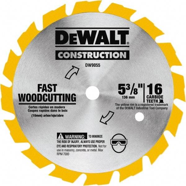 DeWALT - 5-3/8" Diam, 0.3937" Arbor Hole Diam, 16 Tooth Wet & Dry Cut Saw Blade - Tungsten Carbide-Tipped, Fast Cutting Action, Diamond Arbor - Makers Industrial Supply