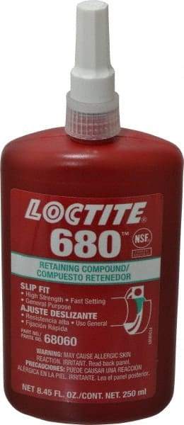 Loctite - 250 mL Bottle, Green, High Strength Liquid Retaining Compound - Series 680, 24 hr Full Cure Time, Hand Tool Removal - Makers Industrial Supply