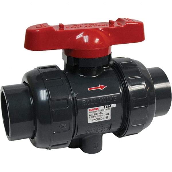 Asahi/America - 1-1/2" Pipe, Full Port, PVC True Union Design Ball Valve - 1 Piece, Socket x Thread Ends, Tee Handle - Makers Industrial Supply