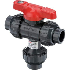 Asahi/America - 3" Pipe, Full Port, PVC Multiport Ball Valve - Three Way, Socket Ends, Tee Handle - Makers Industrial Supply