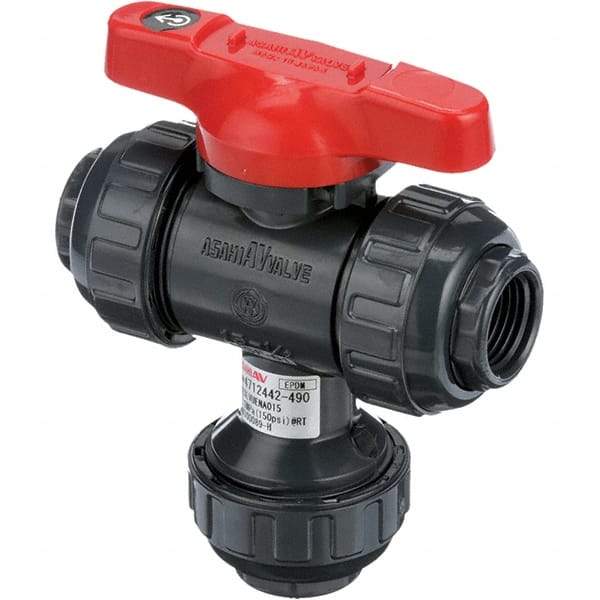 Asahi/America - 1" Pipe, Full Port, PVC Multiport Ball Valve - Three Way, Threaded Ends, Tee Handle - Makers Industrial Supply