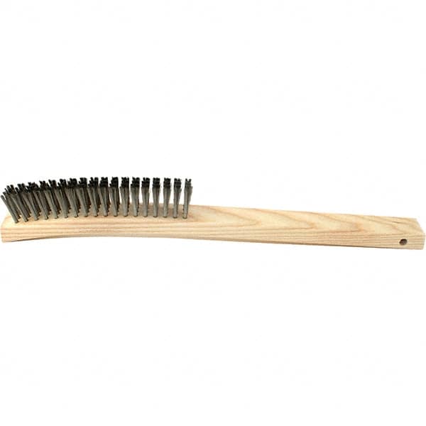 Brush Research Mfg. - 4 Rows x 19 Columns Stainless Steel Scratch Brush - 5-3/4" Brush Length, 14" OAL, 1 Trim Length, Wood Curved Back Handle - Makers Industrial Supply
