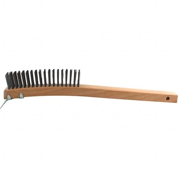 Brush Research Mfg. - 4 Rows x 19 Columns Steel Scratch Brush - 5-3/4" Brush Length, 14" OAL, 1-1/8 Trim Length, Wood Curved Back Handle - Makers Industrial Supply