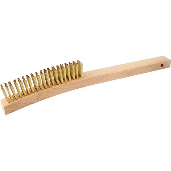 Brush Research Mfg. - 4 Rows x 19 Columns Brass Scratch Brush - 5-3/4" Brush Length, 13-3/4" OAL, 1-1/8 Trim Length, Wood Curved Back Handle - Makers Industrial Supply