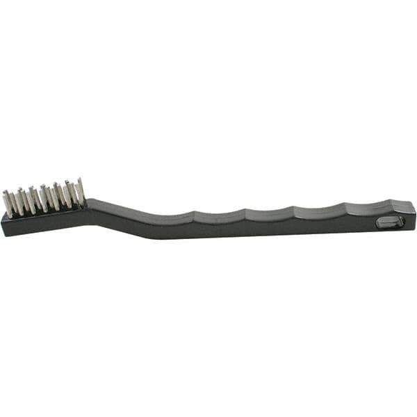 Brush Research Mfg. - 2 Rows x 7 Columns Stainless Steel Scratch Brush - 1/2" Brush Length, 7-1/4" OAL, 1/2 Trim Length, Plastic Curved Back Handle - Makers Industrial Supply
