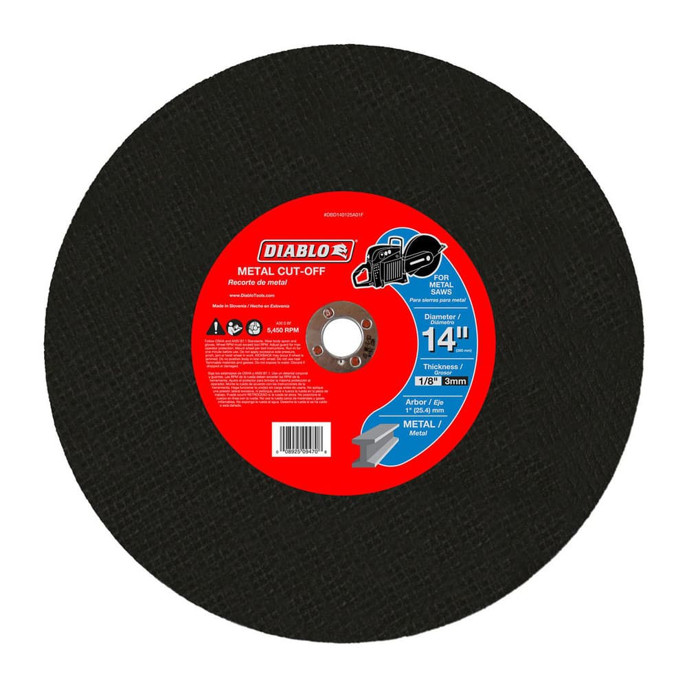 Cutoff Wheels; Wheel Type Number: Type 1; Wheel Diameter (Inch): 14; Wheel Thickness (Inch): 1/8; Hole Size: 1; Abrasive Material: Premium Aluminum Oxide Blend; Maximum Rpm: 5450.000; Hole Shape: Round; Wheel Color: Black