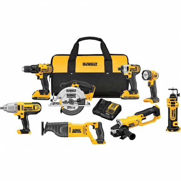 DeWALT - Cordless Tool Combination Kits Voltage: 20 Tools: 1/2" Compact Drill/Driver; 1/4" Impact Driver; 6-1/2 Circular Saw; Reciprocating Saw; 4-1/2"/ 5'' Grinder; Drywall Cut-Out Tool; 1/2" High Torque Impact Wrench; LED Work Light - Makers Industrial Supply