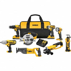 DeWALT - Cordless Tool Combination Kits Voltage: 20 Tools: 1/2" Compact Drill/Driver; 1/4" Impact Driver; 6-1/2 Circular Saw; Reciprocating Saw; 4-1/2"/ 5'' Grinder; Drywall Cut-Out Tool; 1/2" High Torque Impact Wrench; LED Work Light - Makers Industrial Supply