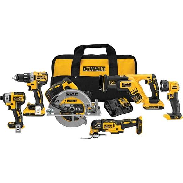 DeWALT - Cordless Tool Combination Kits Voltage: 20 Tools: Compact Drill/Driver; 1/4" Impact Driver; 7-1/4" Circular Saw; Compact Reciprocating Saw; Oscillating Multi-Tool; LED Light - Makers Industrial Supply