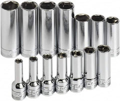 SK - 14 Piece 3/8" Drive Tethered Thin Wall Deep Socket Set - 6 Points, 6 to 19mm, Metric Measurement Standard - Makers Industrial Supply