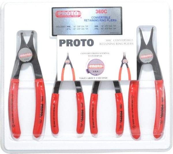 Proto - 4 Piece, 3/8 to 2" Bore, 1/4 to 2" Shaft, Convertible Retaining Ring Pliers Set - 0.038 to 0.07" Tip Diam Range - Makers Industrial Supply