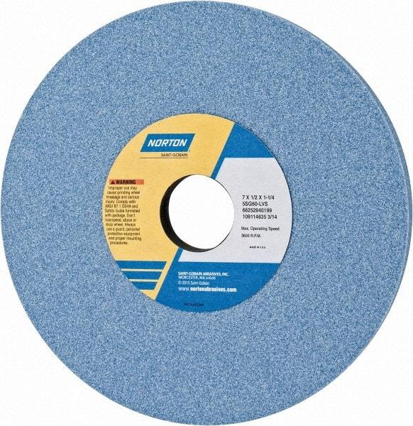 Norton - 7" Diam x 1-1/4" Hole x 1/2" Thick, L Hardness, 60 Grit Surface Grinding Wheel - Ceramic, Type 1, Medium Grade, 3,600 Max RPM, Vitrified Bond, No Recess - Makers Industrial Supply