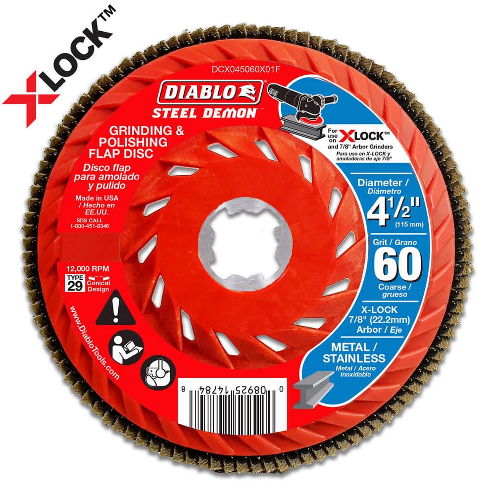 Flap Discs; Flap Disc Type: Type 29; Disc Diameter (Decimal Inch): 4-1/2; Center Hole Size: 7/8; Grade: Coarse; Grit: 60; Maximum Rpm: 12000.000; Disc Color: Red