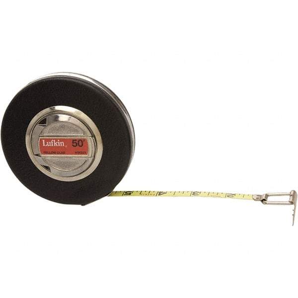 Lufkin - 50' x 3/8" Yellow Steel Blade Tape Measure - 1/8" Graduation, Brown Steel Case - Makers Industrial Supply