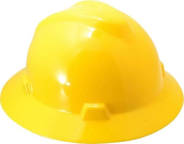 MSA - ANSI Type I, Class E Rated, Ratchet Adjustment Hard Hat - One Size Fits Most, Yellow, Full Brim - Makers Industrial Supply