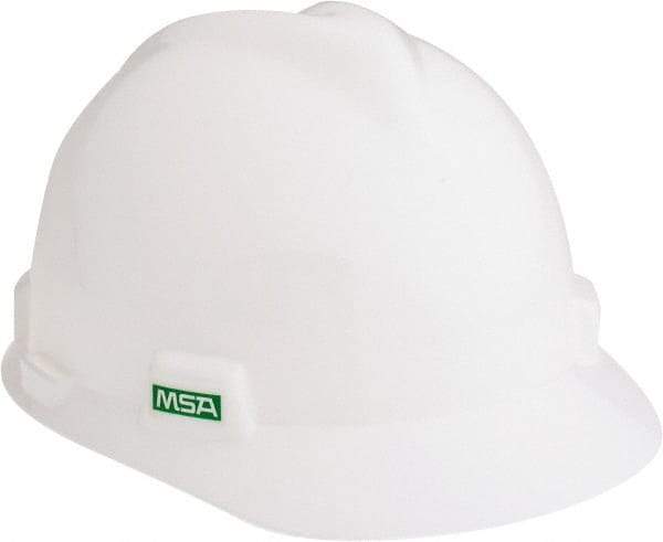 MSA - ANSI Type I, Class E Rated, 4-Point, Ratchet Adjustment Hard Hat - Size 6-1/2 to 8, White, Standard Brim - Makers Industrial Supply