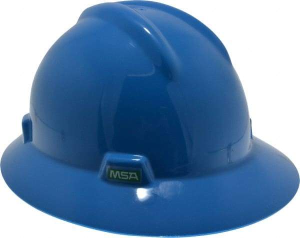 MSA - ANSI Type I, Class E Rated, Ratchet Adjustment Hard Hat - Size 6-1/2 to 8, Blue, Full Brim - Makers Industrial Supply