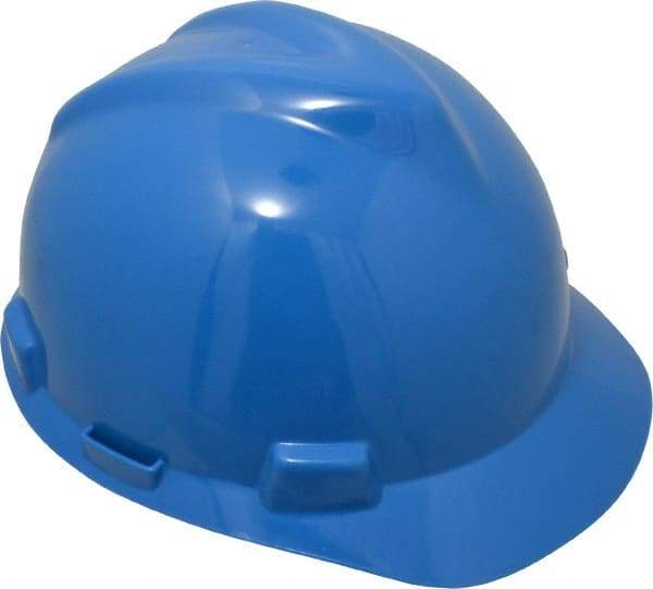 MSA - ANSI Type I, Class E Rated, 4-Point, Ratchet Adjustment Hard Hat - Size 6-1/2 to 8, Blue, Standard Brim - Makers Industrial Supply