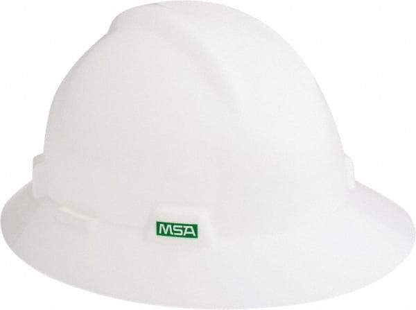 MSA - ANSI Type I, Class E Rated, Ratchet Adjustment Hard Hat - Size 6-1/2 to 8, White, Full Brim - Makers Industrial Supply