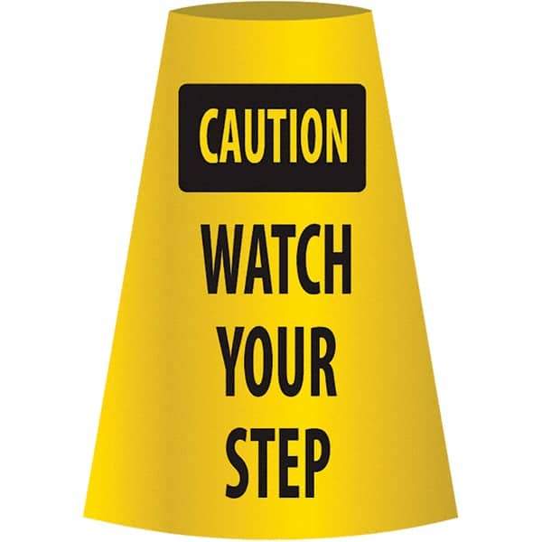 NMC - Caution - Watch Your Step, 21-3/4" Wide x 11" High, Polyethylene Floor Sign - Cone, Black on Yellow, For Restroom, Janitorial & Housekeeping - Makers Industrial Supply