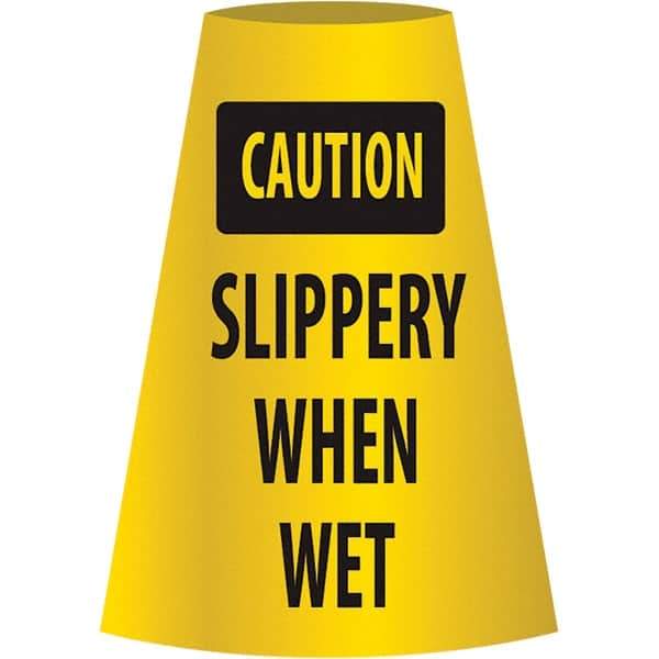 NMC - Caution - Slippery When Wet, 21-3/4" Wide x 11" High, Polyethylene Floor Sign - Cone, Black on Yellow, For Restroom, Janitorial & Housekeeping - Makers Industrial Supply