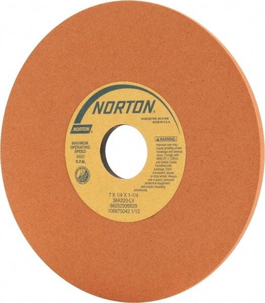 Norton - 7" Diam x 1-1/4" Hole x 1/4" Thick, L Hardness, 220 Grit Surface Grinding Wheel - Aluminum Oxide, Type 1, Very Fine Grade, 3,600 Max RPM, Vitrified Bond, No Recess - Makers Industrial Supply