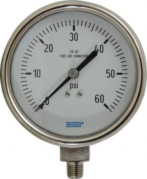 Wika - 4" Dial, 1/4 Thread, 0-60 Scale Range, Pressure Gauge - Lower Connection Mount, Accurate to 1% of Scale - Makers Industrial Supply