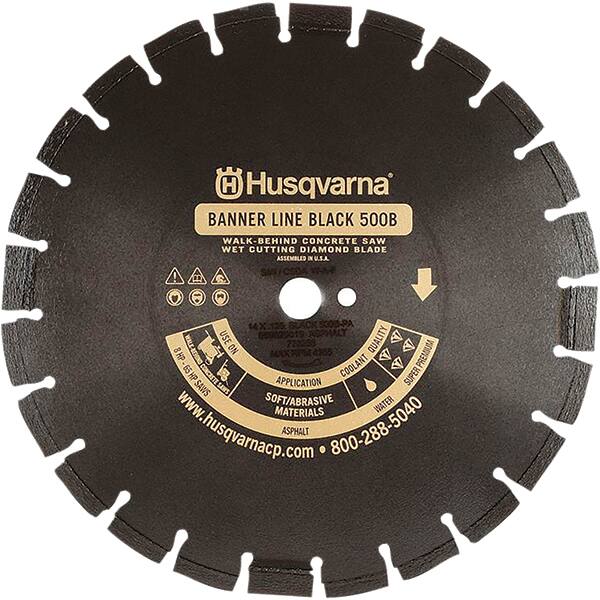 Husqvarna - 14" Diam, 1" Arbor Hole Diam, Continuous Edge Tooth Wet & Dry Cut Saw Blade - Diamond-Tipped, General Purpose Action, Standard Round Arbor - Makers Industrial Supply