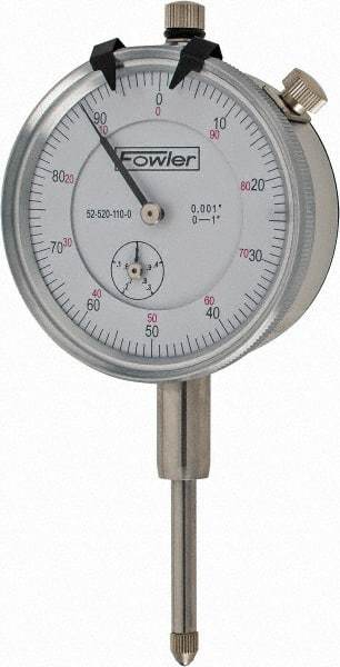 Fowler - 1" Range, 0-100 Dial Reading, 0.001" Graduation Dial Drop Indicator - 2-1/4" Dial, 0.1" Range per Revolution, Revolution Counter - Makers Industrial Supply