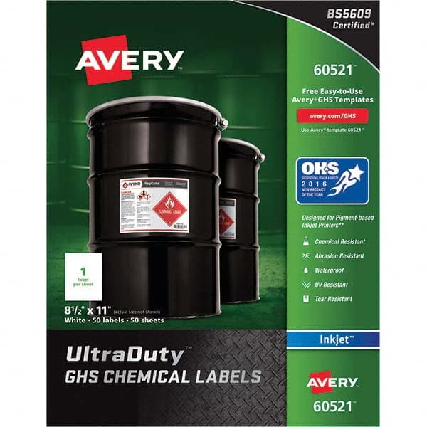 AVERY - Pack of (50), 8-1/2" x 11" White Synthetic Film ID Labels - Makers Industrial Supply