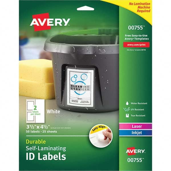 AVERY - Pack of (50), 3-1/2" x 4-1/2" White Paper Self Laminating Labels - Makers Industrial Supply