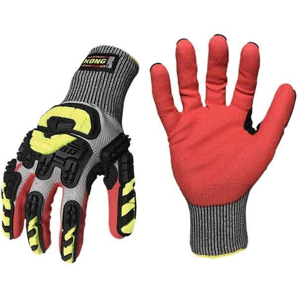 ironCLAD - Size M (8), ANSI Cut Lvl A5, Puncture Lvl 4, Abrasion Lvl 4, Nitrile Coated Cut Resistant Gloves - 11" Long, Palm Coated, Unlined, Knit Wrist, Gray/Red, Paired - Makers Industrial Supply