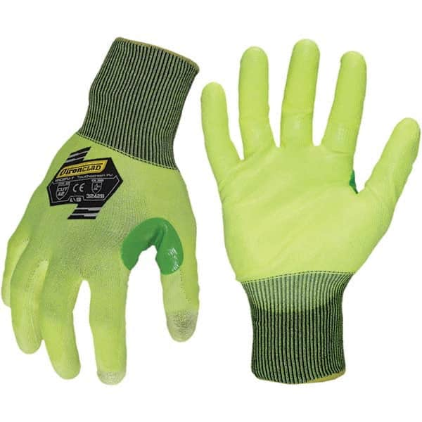 ironCLAD - Size S (7), ANSI Cut Lvl A2, Abrasion Lvl 3, Polyurethane Coated Cut Resistant Gloves - 11" Long, Palm Coated, Unlined, Knit Wrist, Hi-Vis Yellow, Paired - Makers Industrial Supply