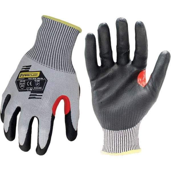 ironCLAD - Size 2XL (11), ANSI Cut Lvl A6, Abrasion Lvl 4, Foam Nitrile Coated Cut Resistant Gloves - 11" Long, Palm Coated, Unlined, Knit Wrist, Gray/Black, Paired - Makers Industrial Supply