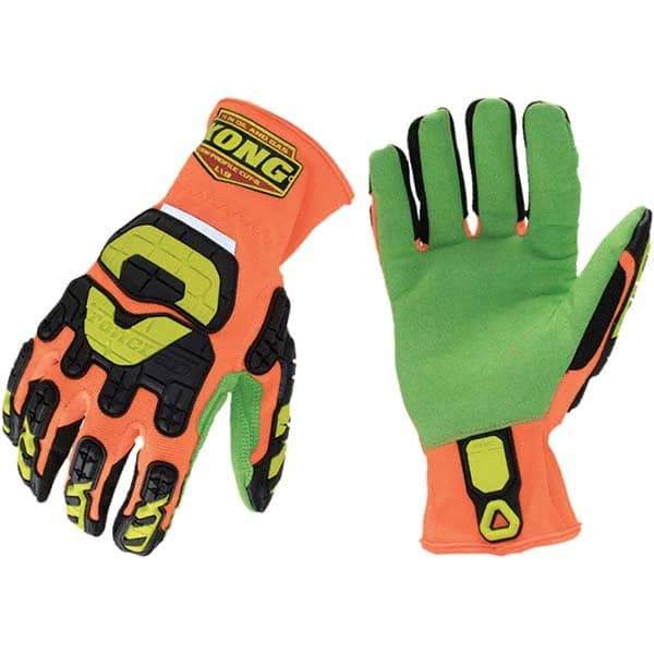 ironCLAD - Size XL (10), ANSI Cut Lvl A3, Puncture Lvl 5, Abrasion Lvl 3, Cut Resistant Gloves - 11" Long, Uncoated, Unlined, Open Cuff, Hi-Vis Orange/Green, Paired - Makers Industrial Supply