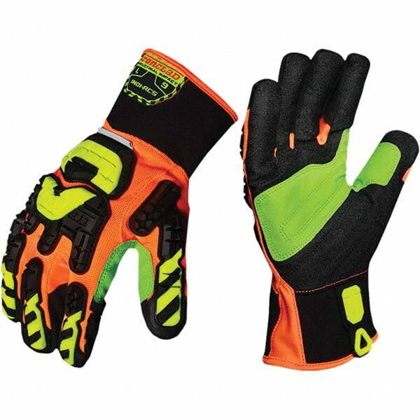 ironCLAD - Size M (8), ANSI Cut Lvl A5, Puncture Lvl 5, Abrasion Lvl 3, Cut Resistant Gloves - 11" Long, Uncoated, Unlined, Slip-On Cuff, Hi-Vis Orange/Black, Paired - Makers Industrial Supply