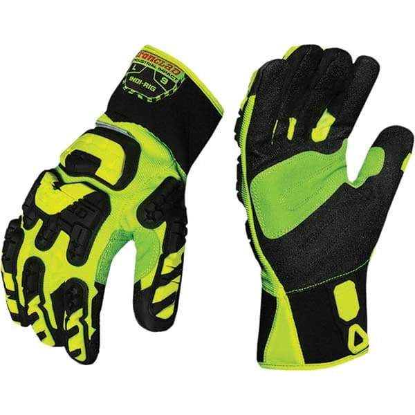 ironCLAD - Size L (9), ANSI Cut Lvl A2, Puncture Lvl 3, Abrasion Lvl 4, Cut Resistant Gloves - 11" Long, Uncoated, Unlined, Slip-On Cuff, Hi-Vis Green/Black, Paired - Makers Industrial Supply