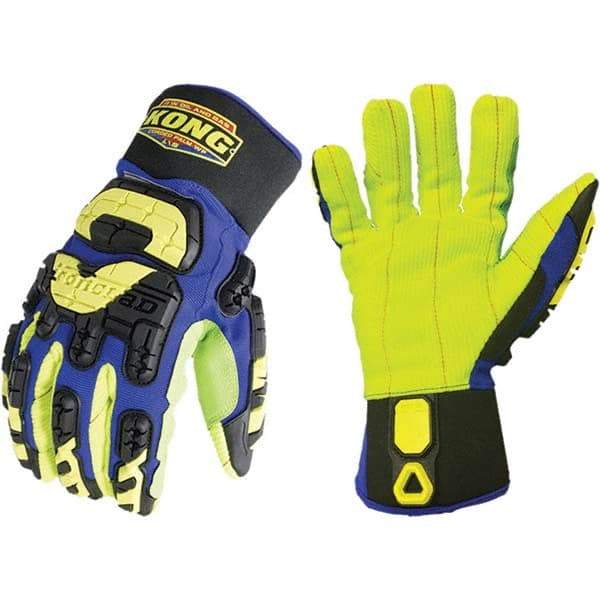 ironCLAD - Size M (8), ANSI Cut Lvl A2, Cut Resistant Gloves - 11" Long, Uncoated, Polyester Lining, Slip-On Cuff, Blue/Green, Paired - Makers Industrial Supply