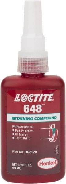 Loctite - 50 mL Bottle, Green, High Strength Liquid Retaining Compound - Series 648, 24 hr Full Cure Time, Heat Removal - Makers Industrial Supply