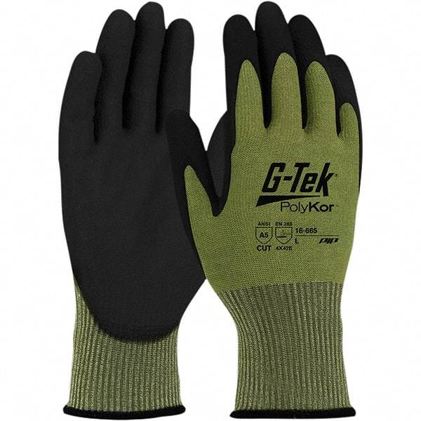 PIP - Size M, ANSI Cut Lvl A5, Polyurethane Coated Aramid/PolyKor Cut Resistant Gloves - Palm & Fingers Coated, Knit Wrist, Green, Paired - Makers Industrial Supply