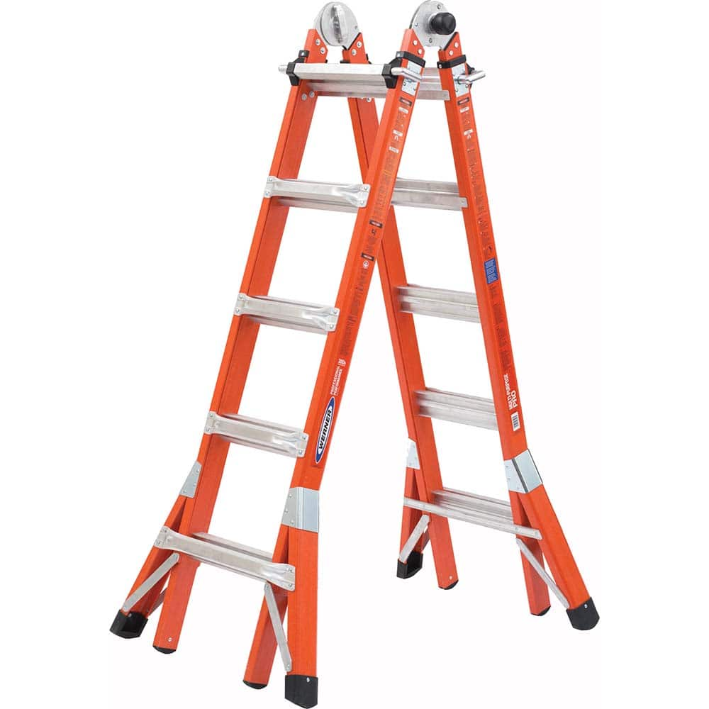 Werner - Step Ladders; Type: Multi-Position ; Height (Feet): 19 ; Industry Rating: Type IA ; Load Capacity (Lb.): 300.000 ; Material: Fiberglass ; Number of Steps / Rungs: 20 - Exact Industrial Supply