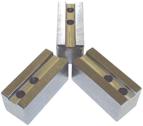 H & R Manufacturing - 24" Chuck Capacity, 3mm x 60° Serrated Attachment, Square Soft Lathe Chuck Jaw - 3 Jaws, Steel, 3.15" Btw Mount Hole Ctrs, 8-1/2" Long x 2-1/2" Wide x 2-1/2" High, 0.984" Groove, 20mm Fastener - Makers Industrial Supply