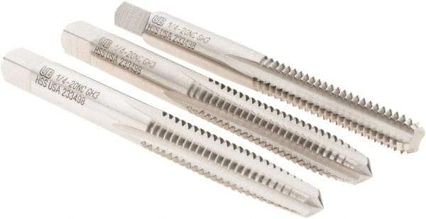 Union Butterfield - 1/4-20 UNC, 4 Flute, Bottoming, Plug & Taper, Bright Finish, High Speed Steel Tap Set - Right Hand Cut, 2-1/2" OAL, 1" Thread Length, 2B; 3B Class of Fit, Series 1500 - Makers Industrial Supply