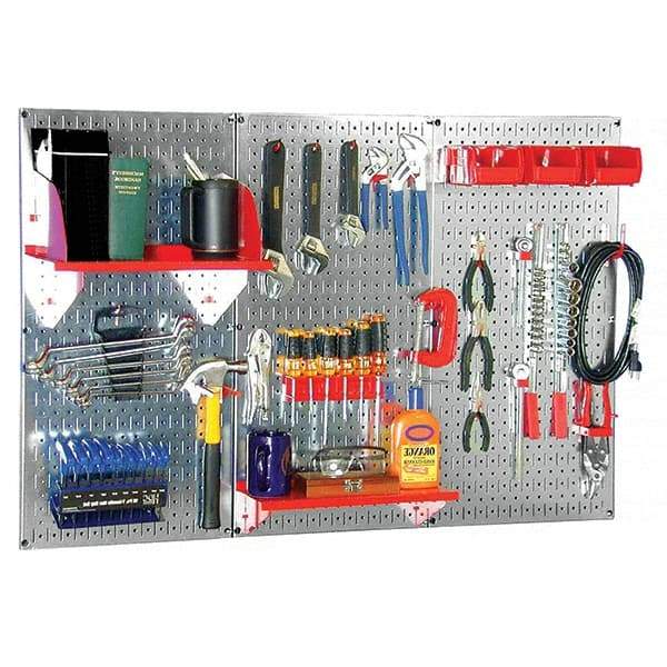 Wall Control - 48" Wide x 32" High Peg Board Kit - 3 Panels, Galvanized Steel, Galvanized/Red - Makers Industrial Supply