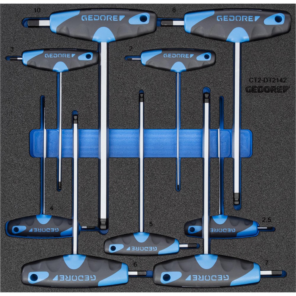 Hex Key Sets; Ball End: Yes; Handle Type: T-Handle; Hex Size: 7 mm; 8 mm; 5 mm; 6 mm; 2.5 mm; 4 mm; 2 mm; 10 mm; 3 mm; Container Type: Case; Number Of Pieces: 9; Overall Length: 310.00