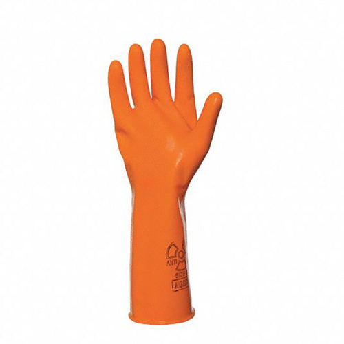 Size 10-Anti-C 100% Natural Rubber Latex Gloves, 18 mil, 15″ length. Orange. - Makers Industrial Supply