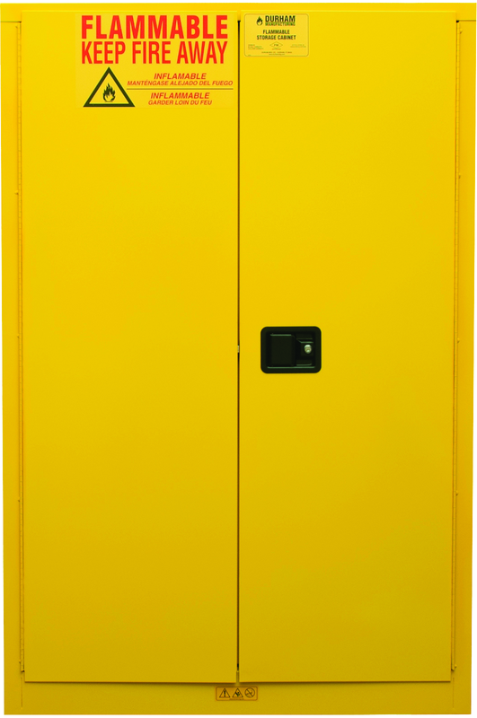 45 Gallon - All Welded - FM Approved - Flammable Safety Cabinet - Manual Doors - 2 Shelves - Safety Yellow - Makers Industrial Supply