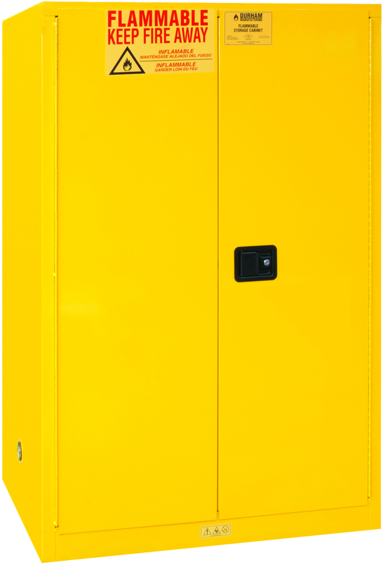 90 Gallon - All Welded - FM Approved - Flammable Safety Cabinet - Manual Doors - 2 Shelves - Safety Yellow - Makers Industrial Supply