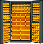 36"W - 14 Gauge - Lockable Bin Cabinet - With 132 Yellow Hook-on Bins - Deep Door Style - Gray - Makers Industrial Supply